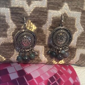 Green and Silver Chandelier Earrings with Intricate Details